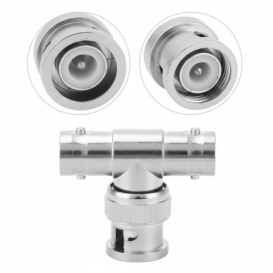 M-LINK BNC T-shaped connector showing one male and two female ports.

