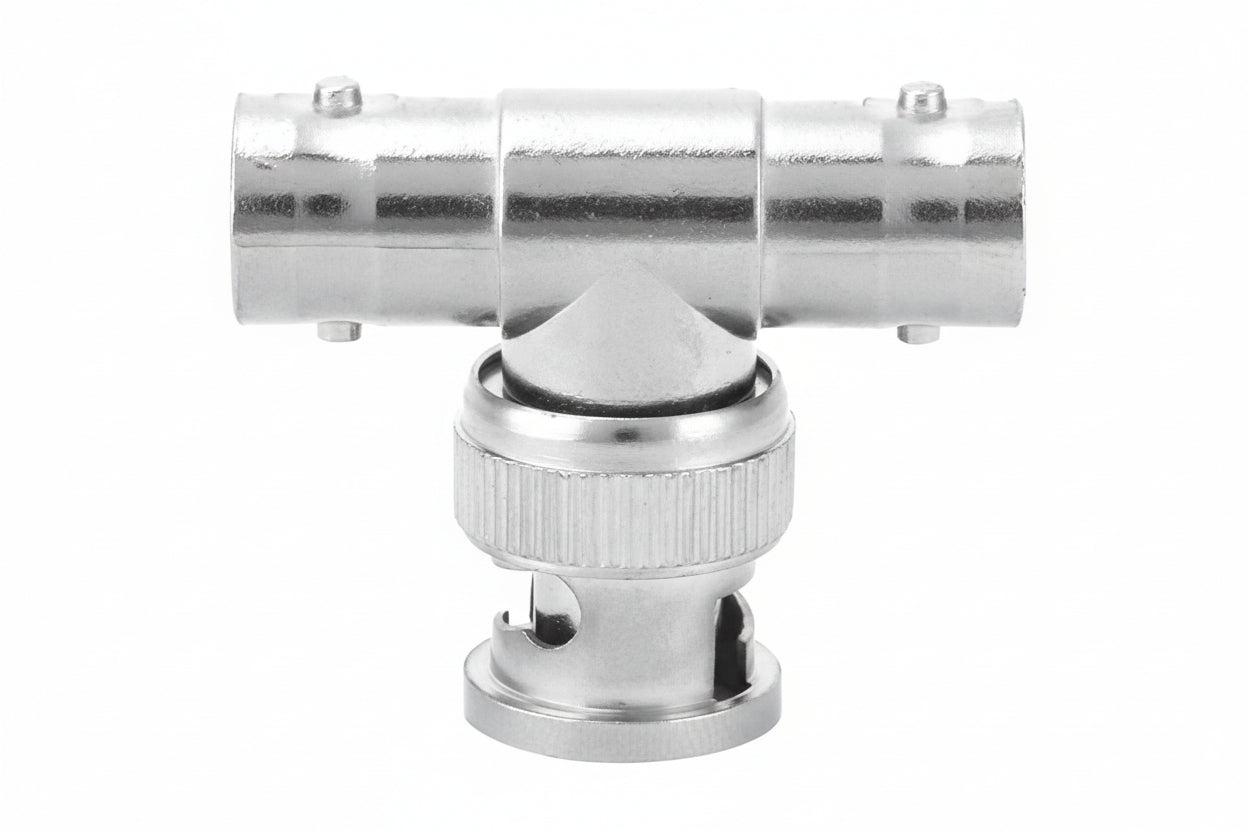 Close-up of the M-LINK BNC T-splitter with male connector on the left.

