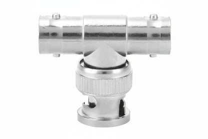 Close-up of the M-LINK BNC T-splitter with male connector on the left.

