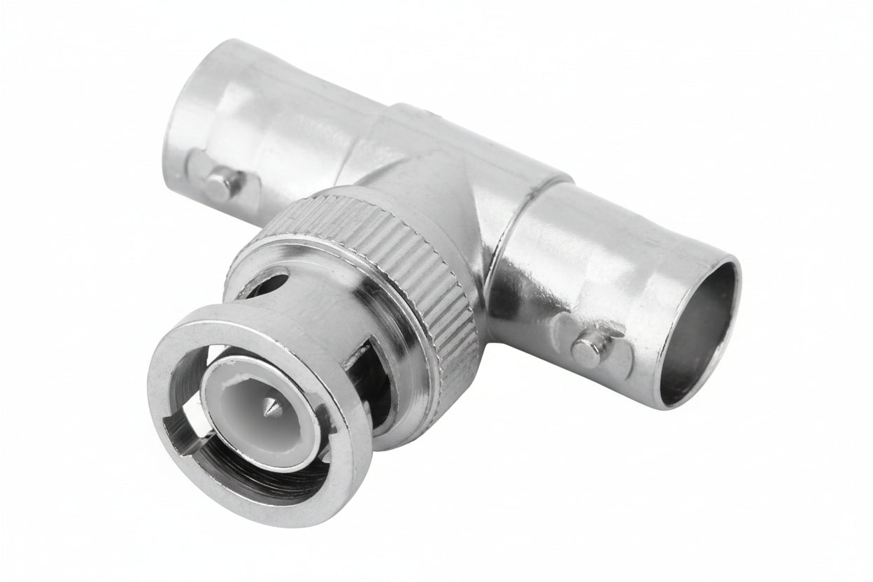 Side view of the M-LINK BNC male to dual female T adapter.

