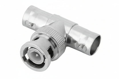 Side view of the M-LINK BNC male to dual female T adapter.


