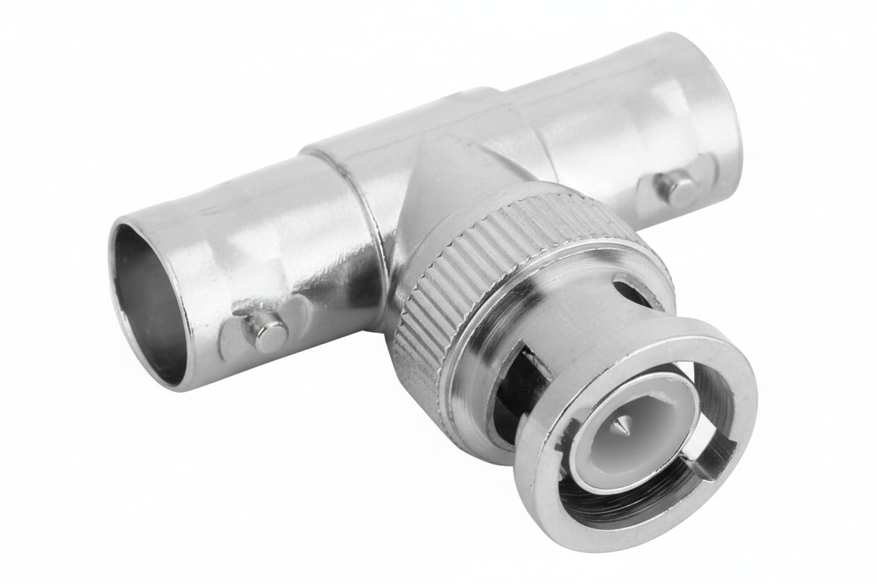 M-LINK BNC T-connector isolated on a white background.

