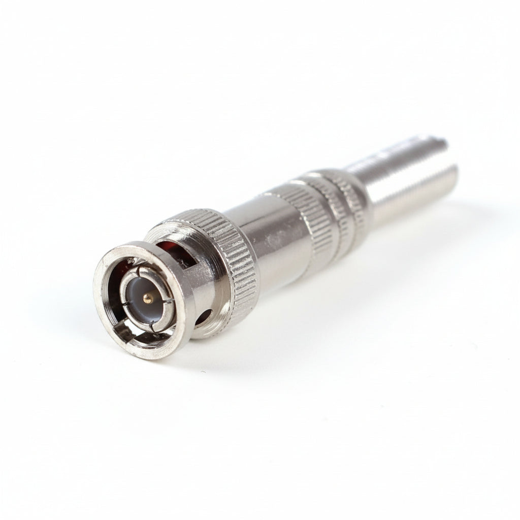 M-Link BNC spring connector for coaxial cable on a white background.

