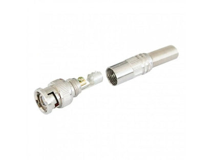 Angle view of the assembled M-Link BNC spring connector for coaxial cable.

