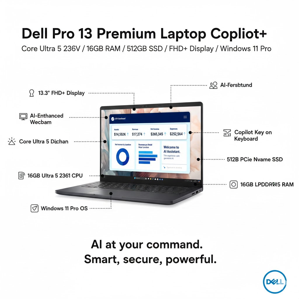 Dell Pro 13 Premium Laptop Core Ultra 5 236V 16GB 512GB FHD+ Win11 Pro Copilot+