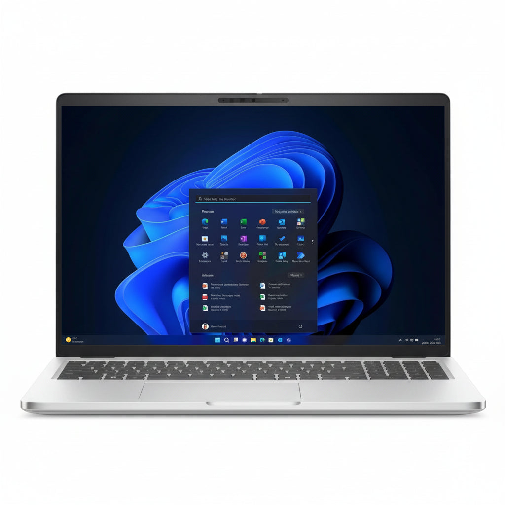 Front view of the silver Dell Pro 16 Plus laptop opened.

