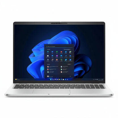 Front view of the silver Dell Pro 16 Plus laptop opened.

