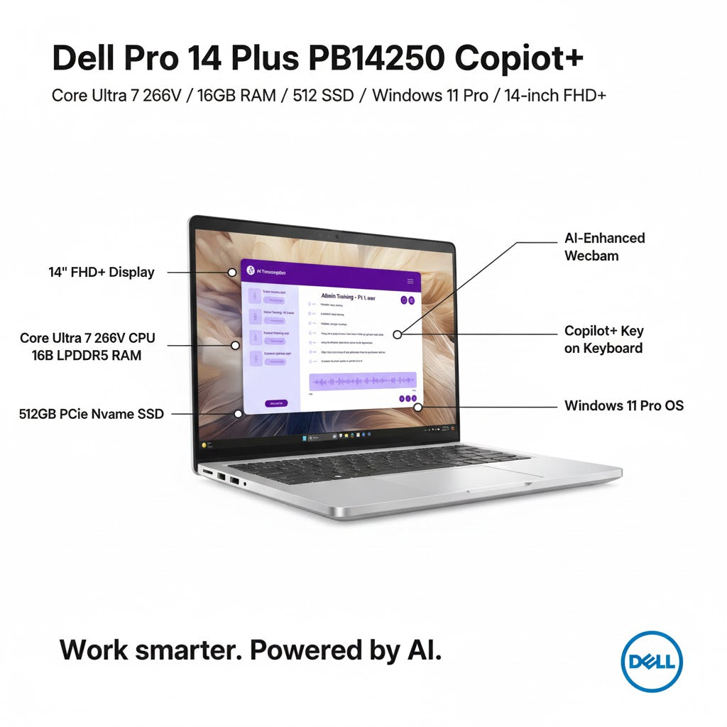 DELL Pro 14 Plus PB14250 Copilot+ Core Ultra 7 266V 16GB 512GB Win11 Pro Laptop 14 FHD+