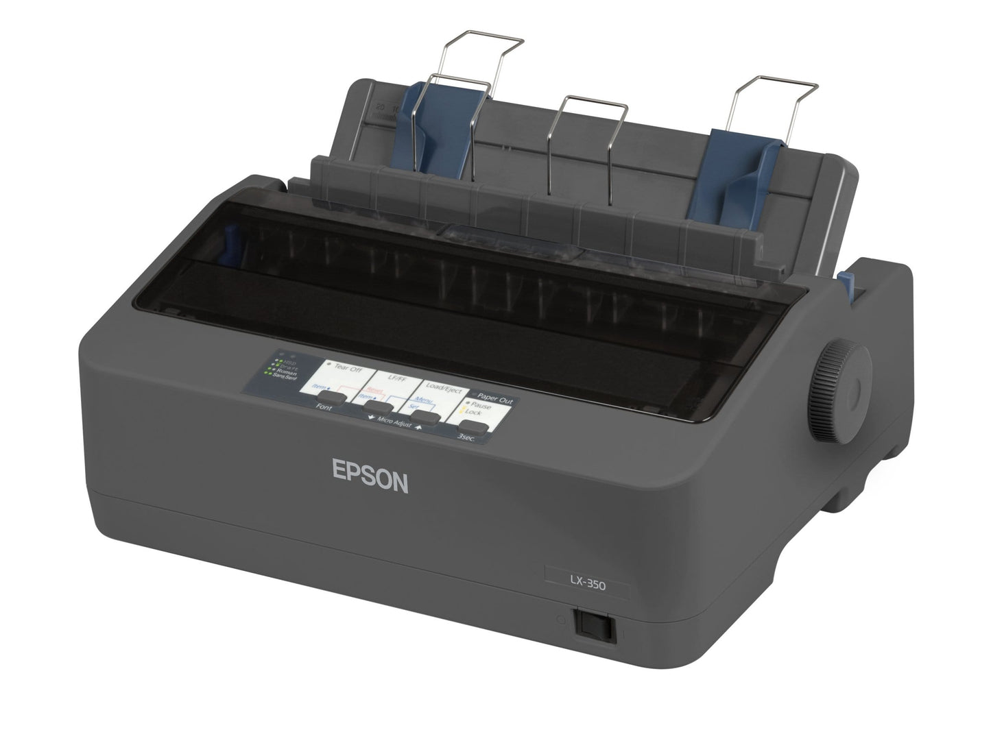 Printer with cover open showing print head and ribbon.

