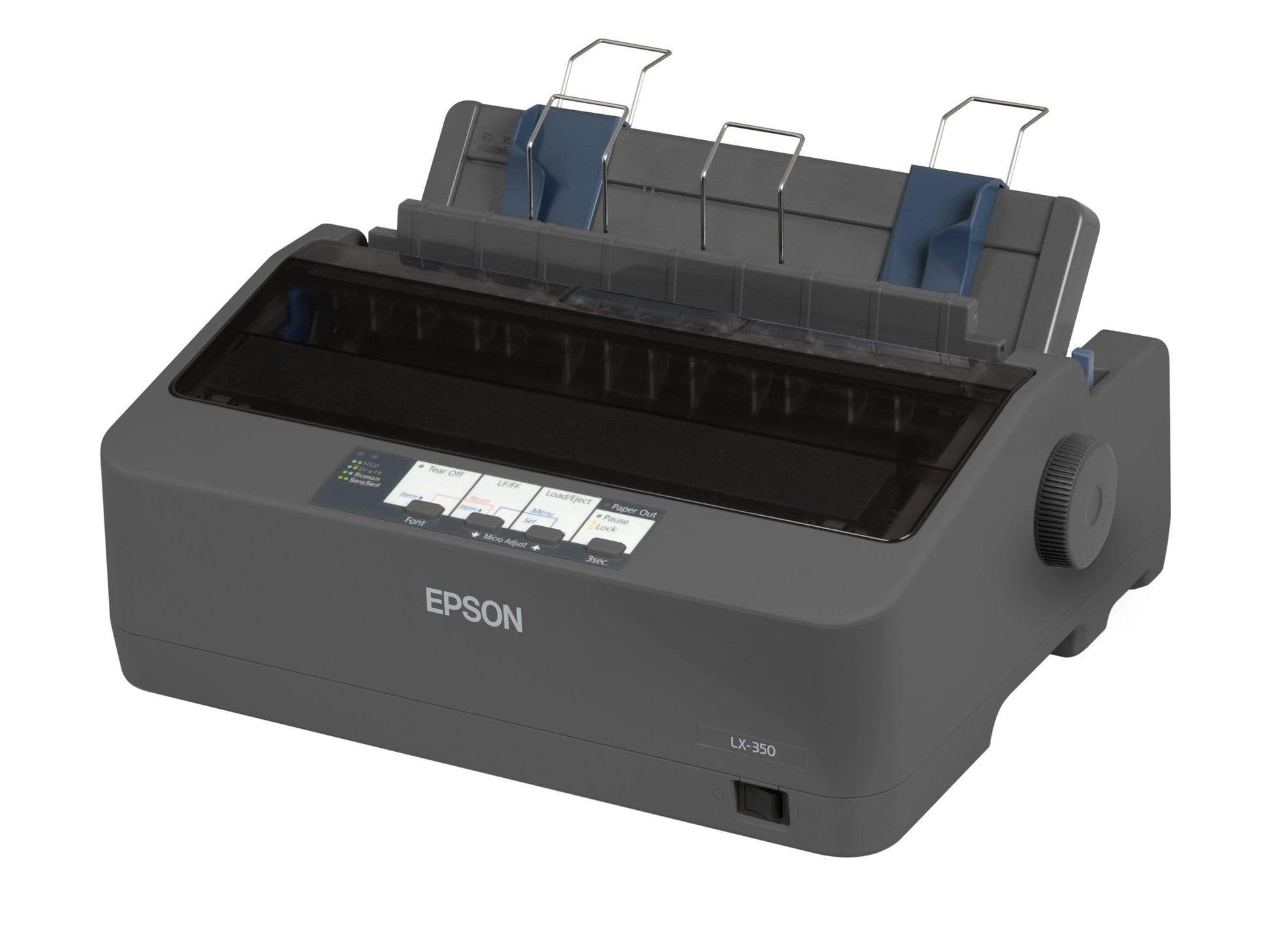 Printer with cover open showing print head and ribbon.

