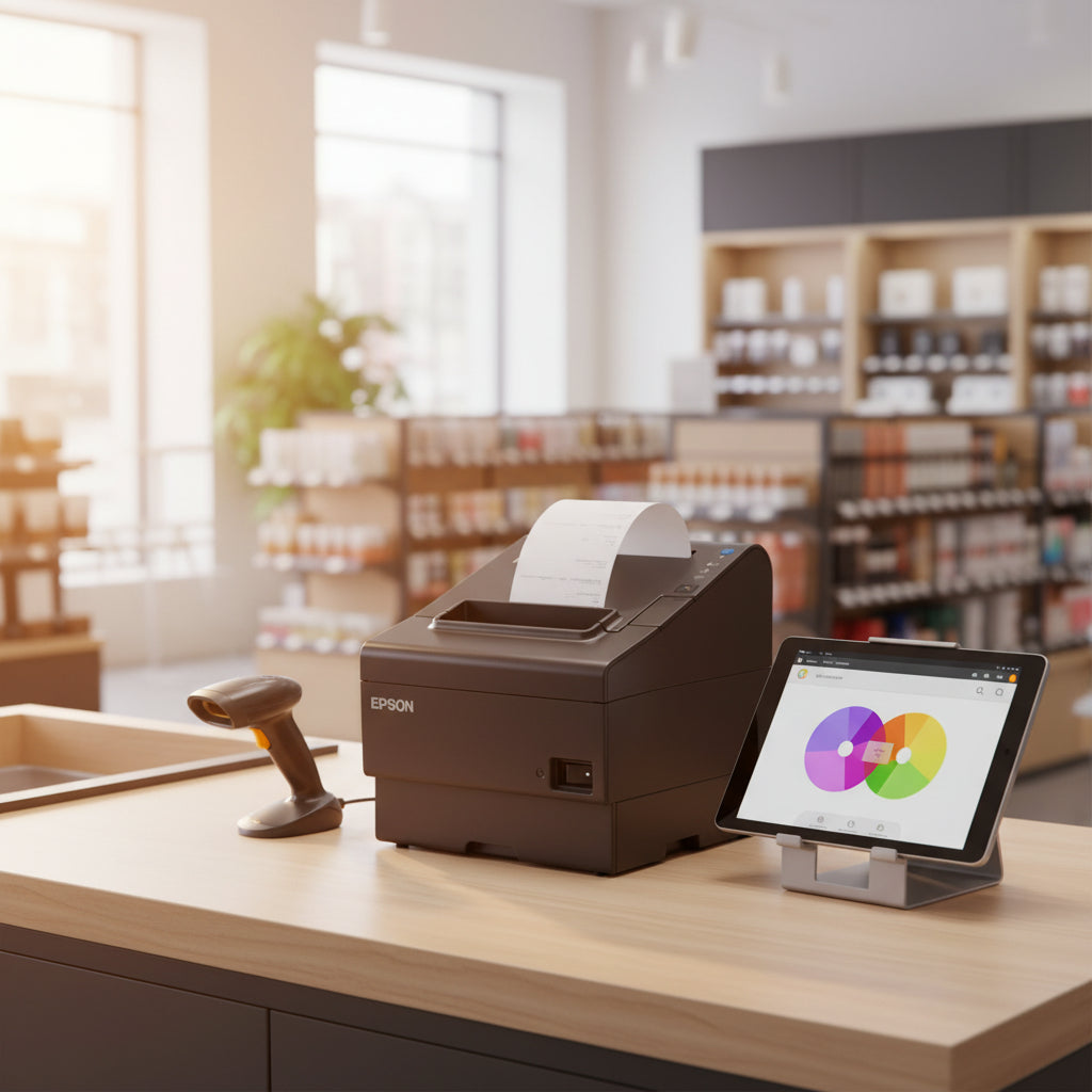 Printer installed under a retail counter.

