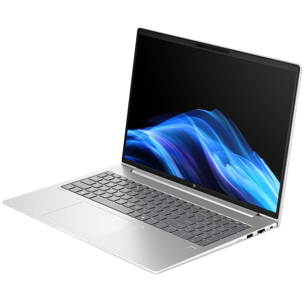 HP ProBook 4 G1i 16 keyboard view with backlit keys and fingerprint reader.

