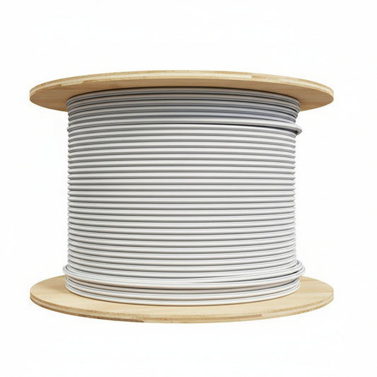 Spool of CAT6 network cable on a white background