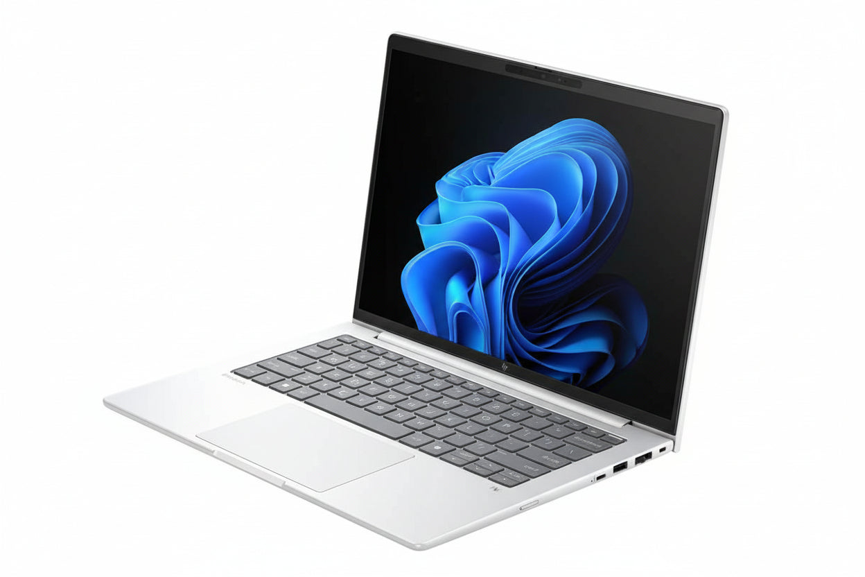 HP EliteBook 8 G1i 14 keyboard view with backlit keys and integrated fingerprint reader.

