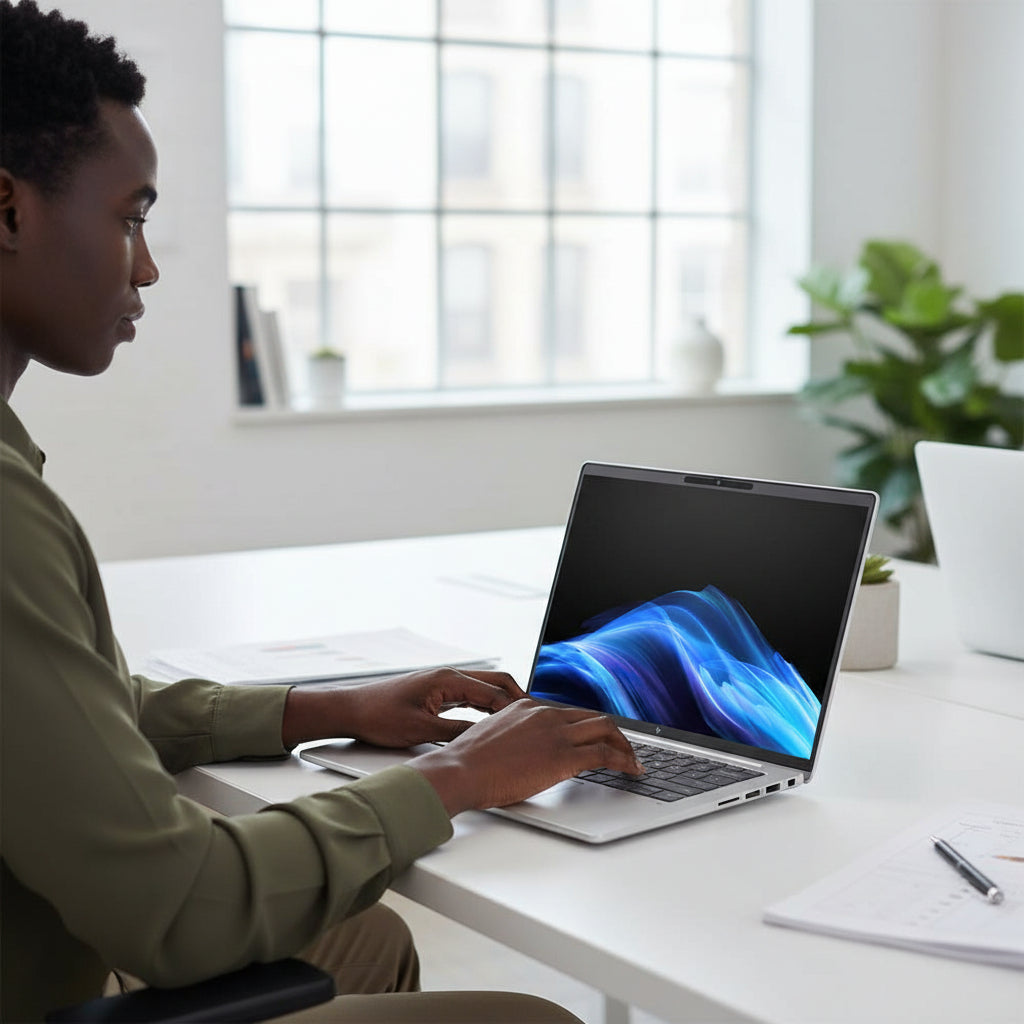 Top bezel of HP EliteBook 8 G1i with integrated 5MP IR AI webcam and microphones.

