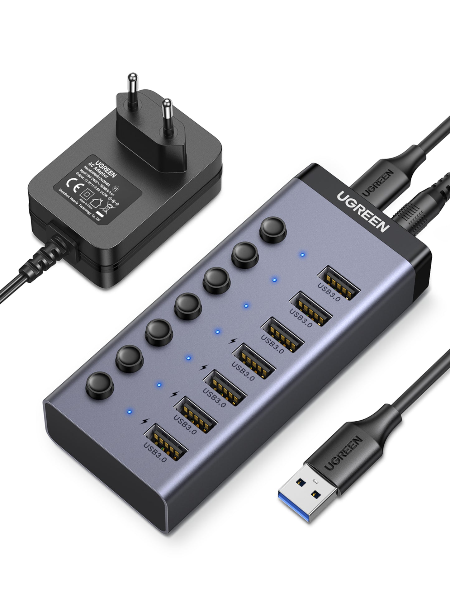 UGreen 7 in 1 USB 3.0 Desktop Hub with Type-C Input and Power Adapter Grey