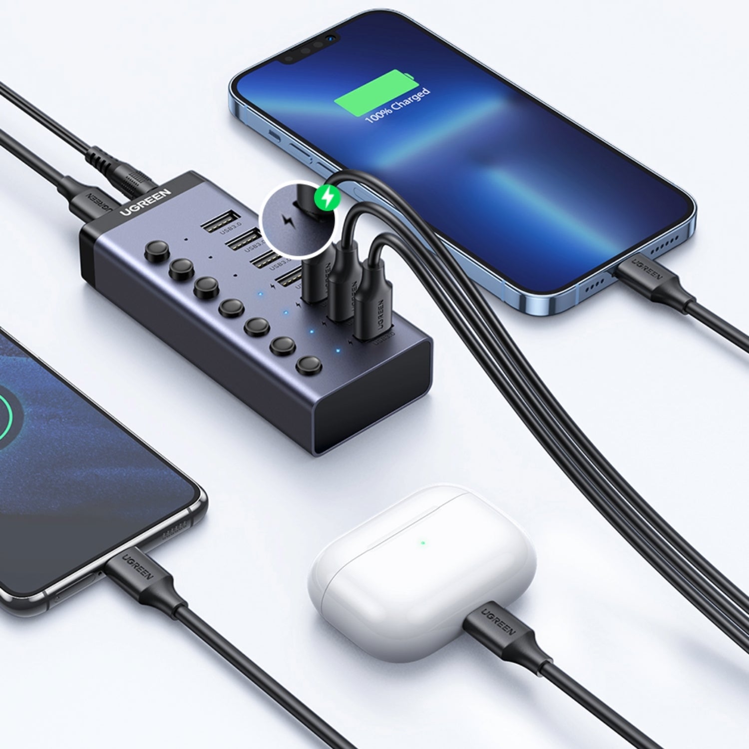 UGreen 7 in 1 USB 3.0 Desktop Hub with Type-C Input and Power Adapter Grey