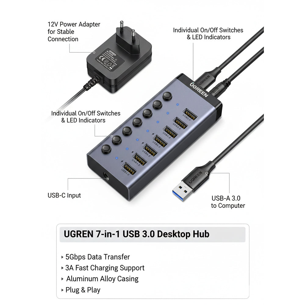 UGreen 7 in 1 USB 3.0 Desktop Hub with Type-C Input and Power Adapter Grey