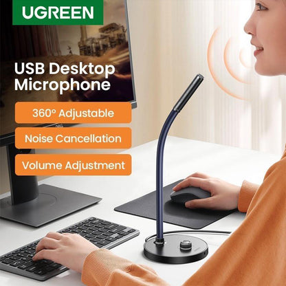 UGreen USB Desktop Basic Microphone – Black, Plug-and-Play 16-bit 48KHz Audio