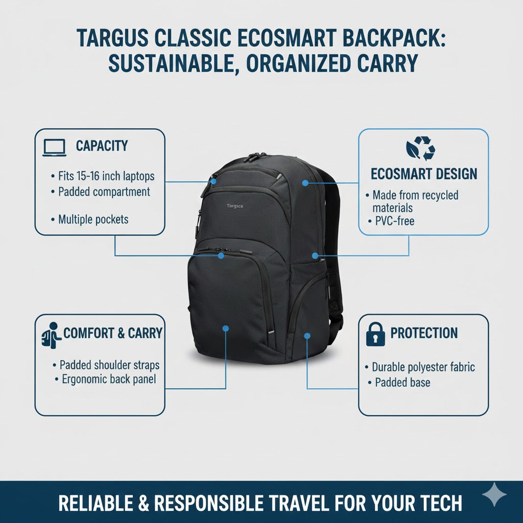 Targus 15–16 Inch Classic EcoSmart Backpack Black Lightweight Laptop Travel Bag
