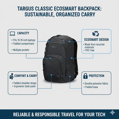Targus 15–16 Inch Classic EcoSmart Backpack Black Lightweight Laptop Travel Bag