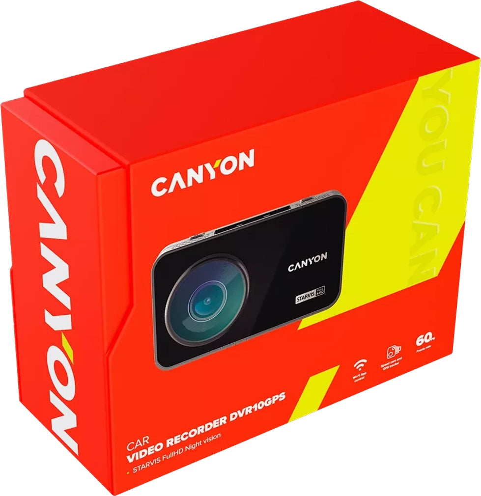 CANYON car recorder DVR10GPS FullHD 1080p Wi-Fi GPS Black showcased in vibrant packaging with key features highlighted.