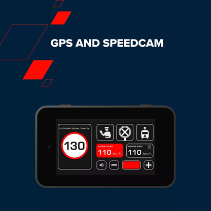 CANYON car recorder DVR10GPS FullHD 1080p Wi-Fi GPS Black displaying GPS and speed camera alerts on a sleek screen.