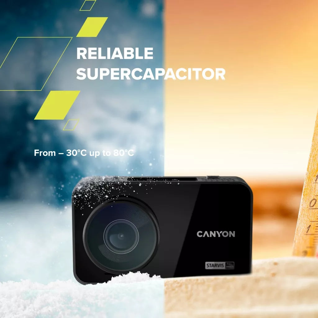 CANYON car recorder DVR10GPS FullHD 1080p Wi-Fi GPS Black with reliable supercapacitor for extreme temperatures.