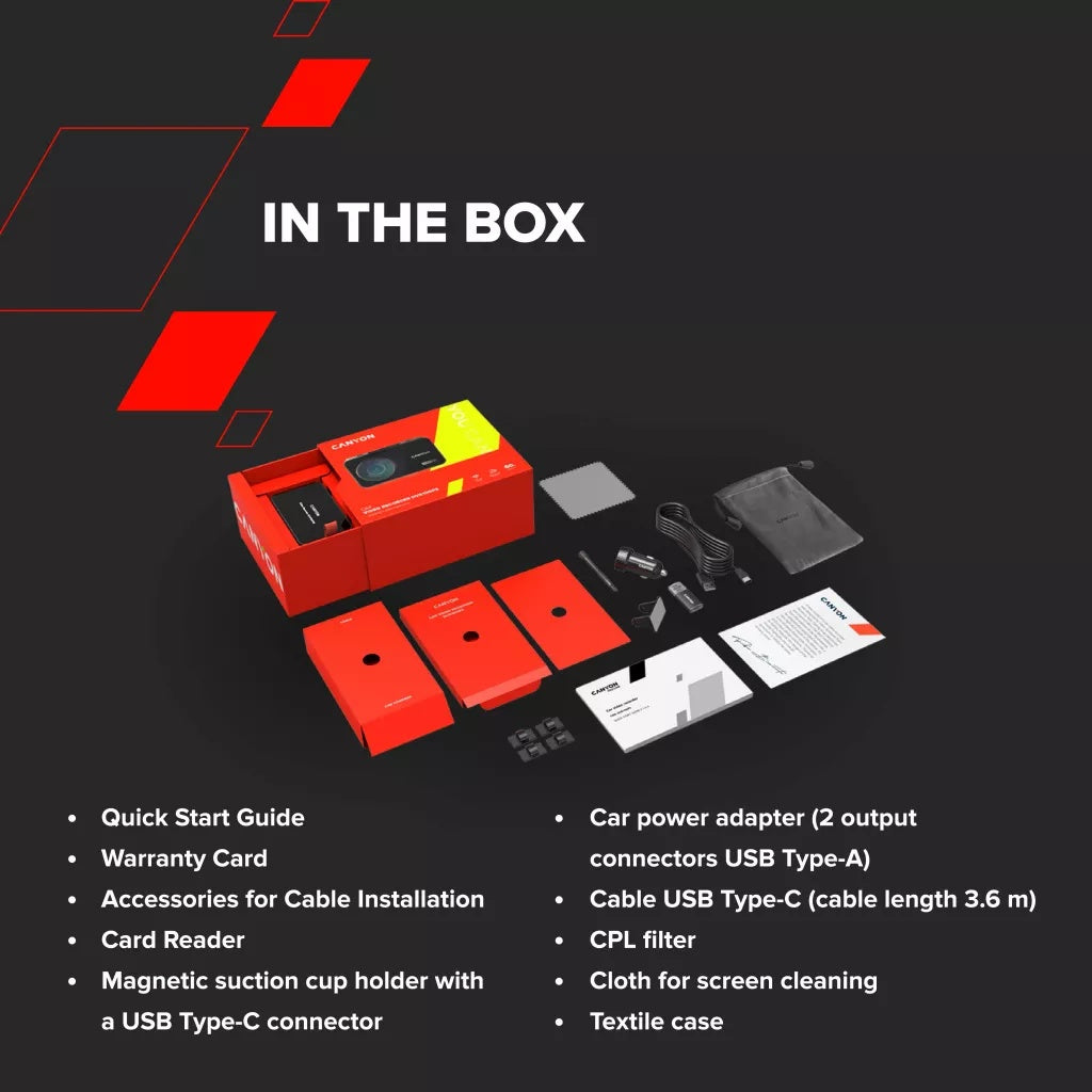 CANYON car recorder DVR10GPS FullHD 1080p Wi-Fi GPS Black, complete with accessories and packaging for optimal use.