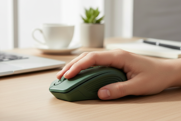 Hand using a green computer mouse on a desk with a laptop and cup in the background