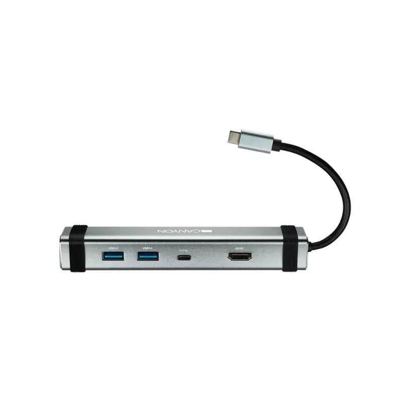 The hub displayed with its integrated USB-C cable extended.

