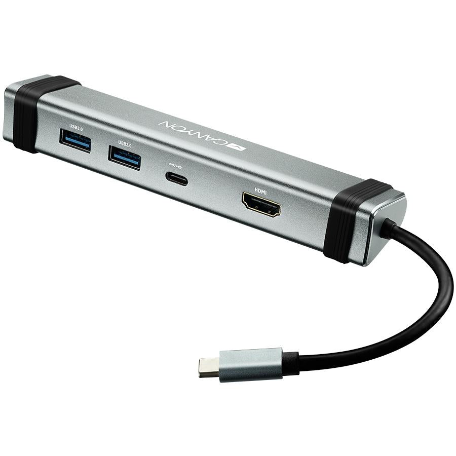 Side profile showing the hub's compact, aluminum design.

