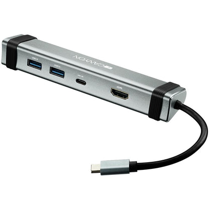 Side profile showing the hub's compact, aluminum design.

