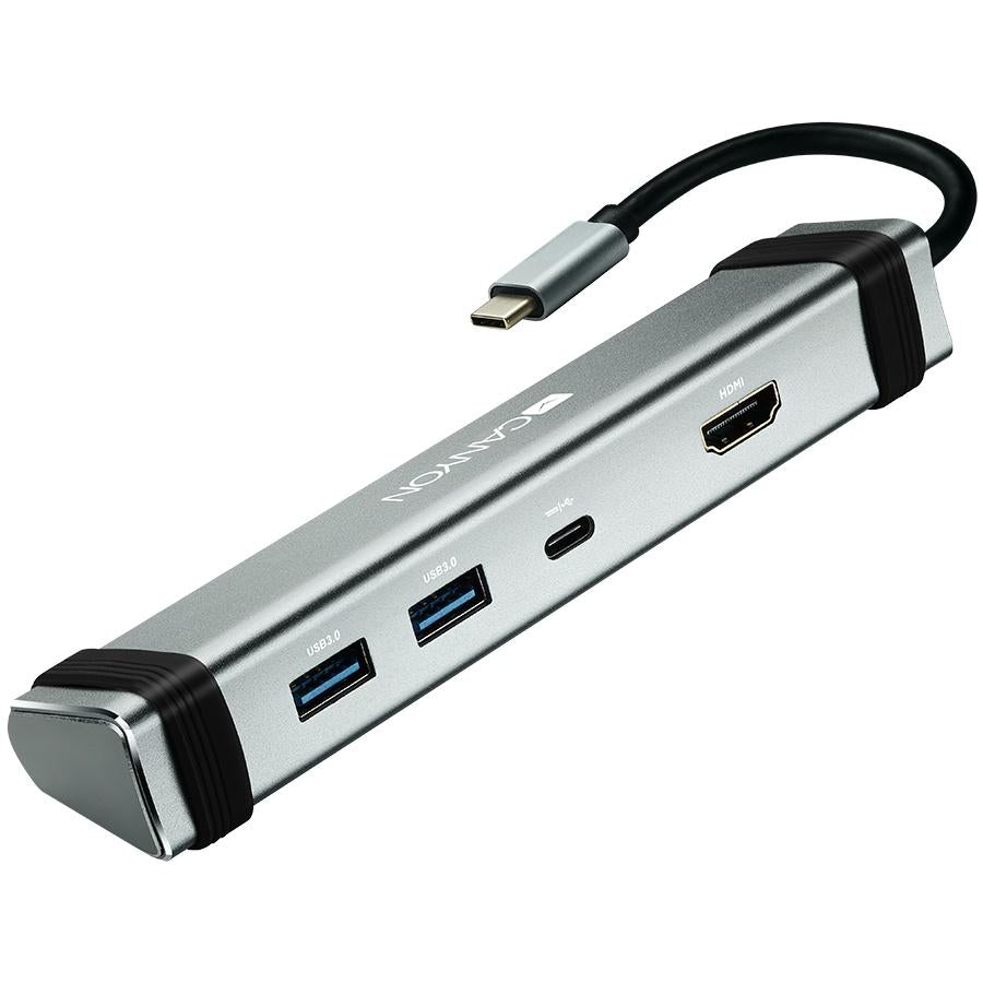 Close-up detail of the ports: HDMI, USB-C PD, and two USB 3.0.

