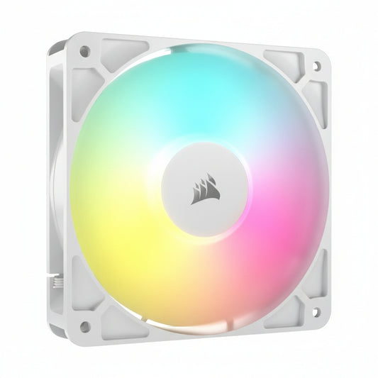 RGB cooling fan with white frame on a black background
