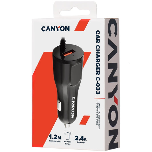 Canyon Car Charger 2.4A USB-A Lightning - CNE-CCA033B-US - Black