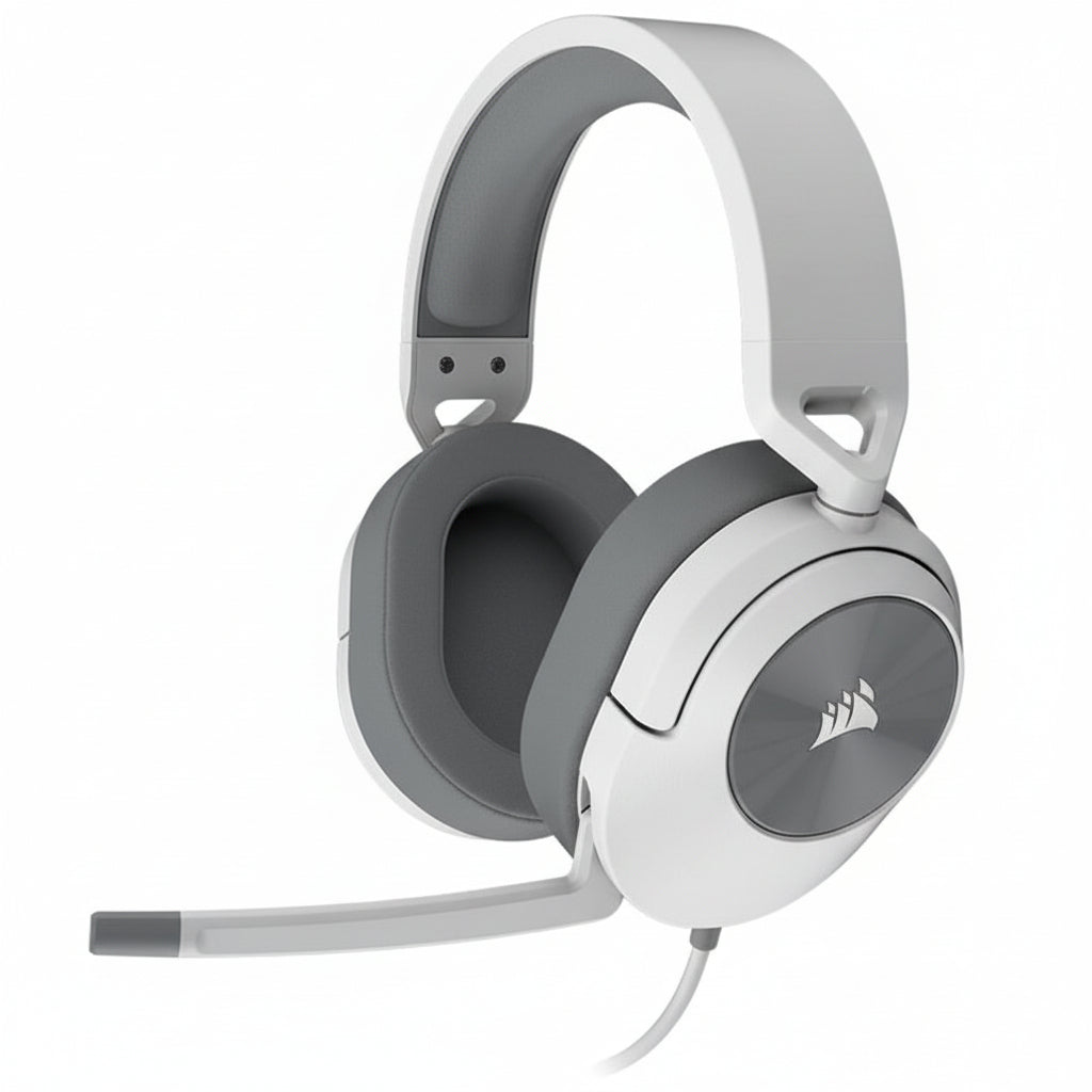 White and gray gaming headset with microphone on a white background