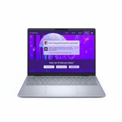 Front view of the closed Dell Inspiron 14 Plus laptop in Ice Blue.

