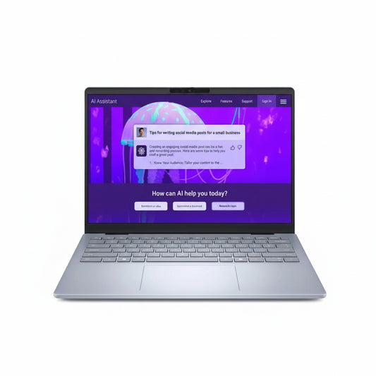 Front view of the closed Dell Inspiron 14 Plus laptop in Ice Blue.

