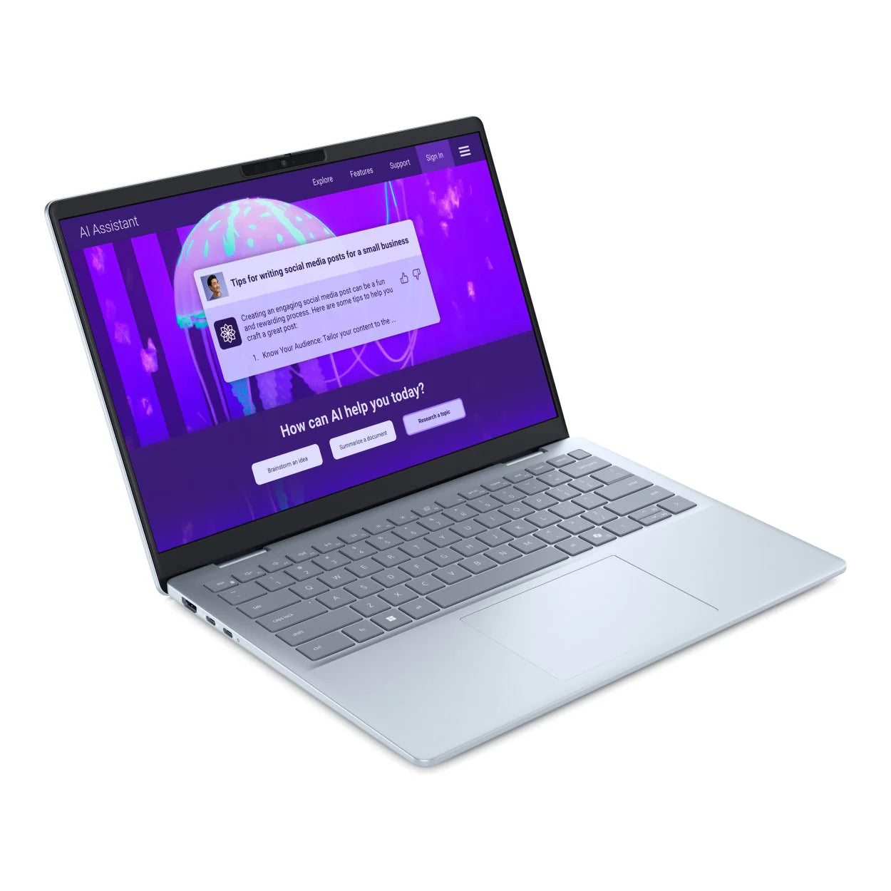 Side angle showing the laptop's slim profile and port selection.

