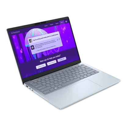 Side angle showing the laptop's slim profile and port selection.

