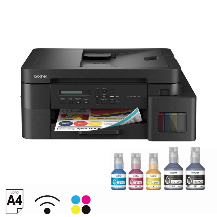 Brother DCP-T830DW ink tank printer front view with included BTD100 ink bottles