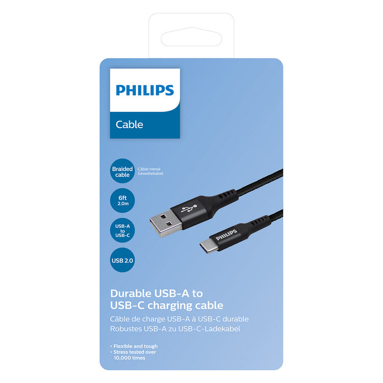 Philips DLC5206A/00 2m braided USB-A to USB-C cable retail packaging