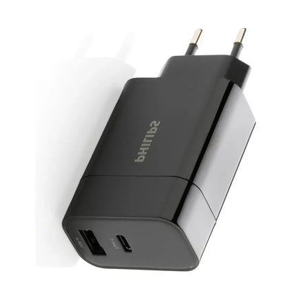 Philips 20W Dual Port USB-C PD & USB-A QC Wall Charger – Black