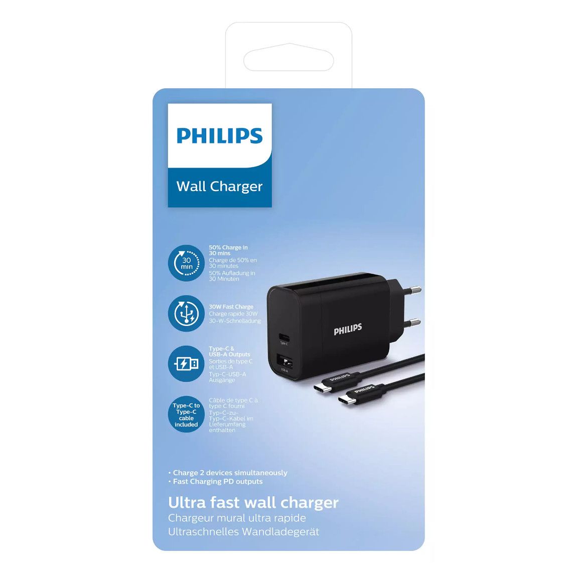 Philips 20W Dual Port USB-C PD & USB-A QC Wall Charger – Black