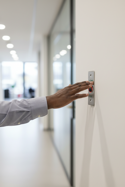 Stainless steel button mounted on a door frame.

