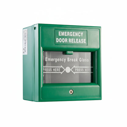Hikvision green emergency break glass box front view.

