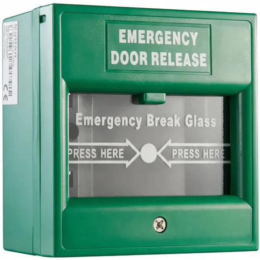 Hikvision green emergency break glass box front view.

