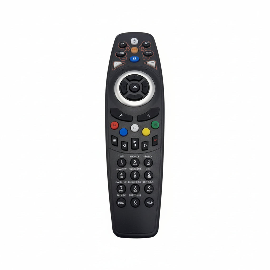 Front view of the MicroWorld RM-DS909 PLUS universal remote showing all buttons.

