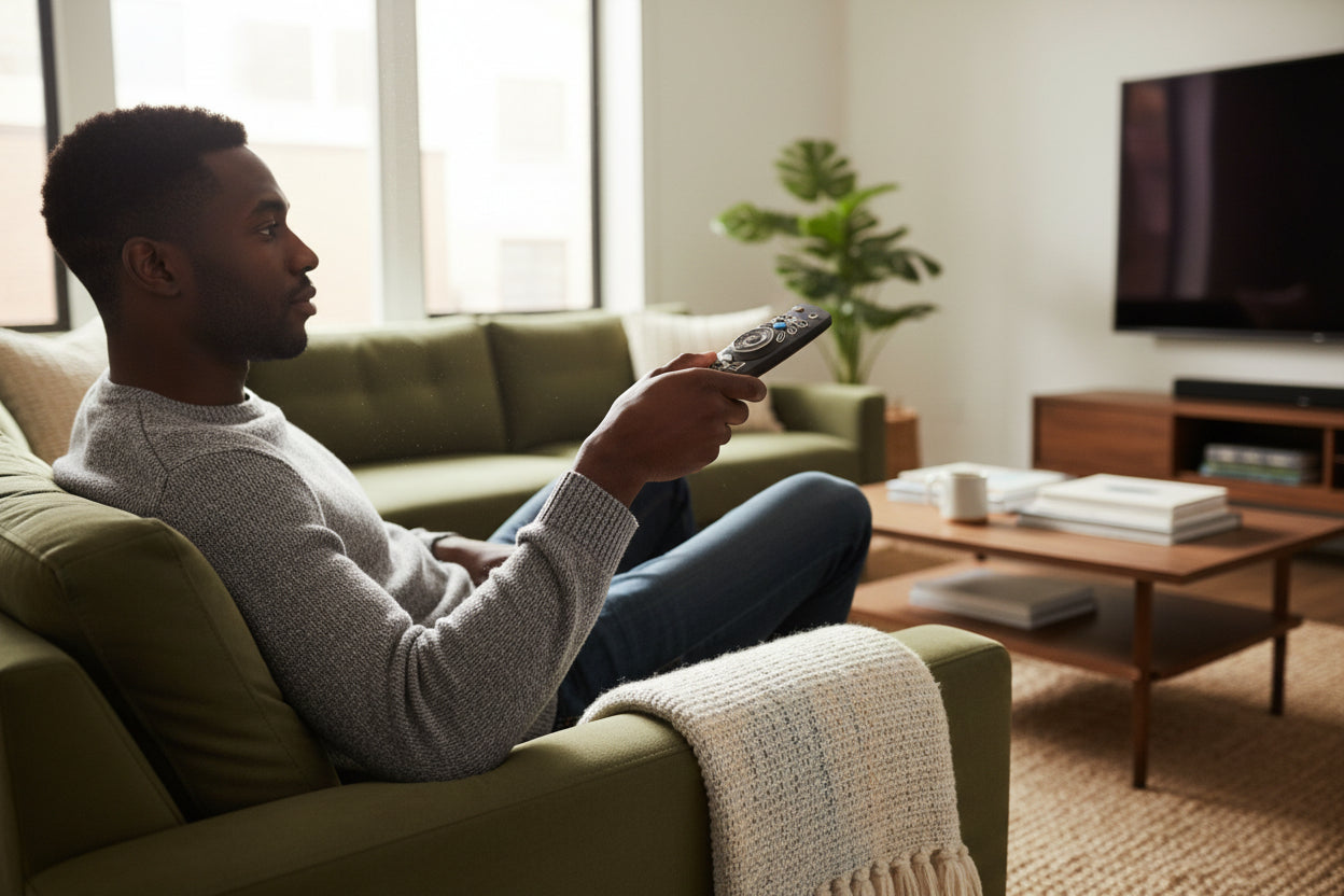 The MicroWorld remote held in a hand to show its size and ergonomic shape.

